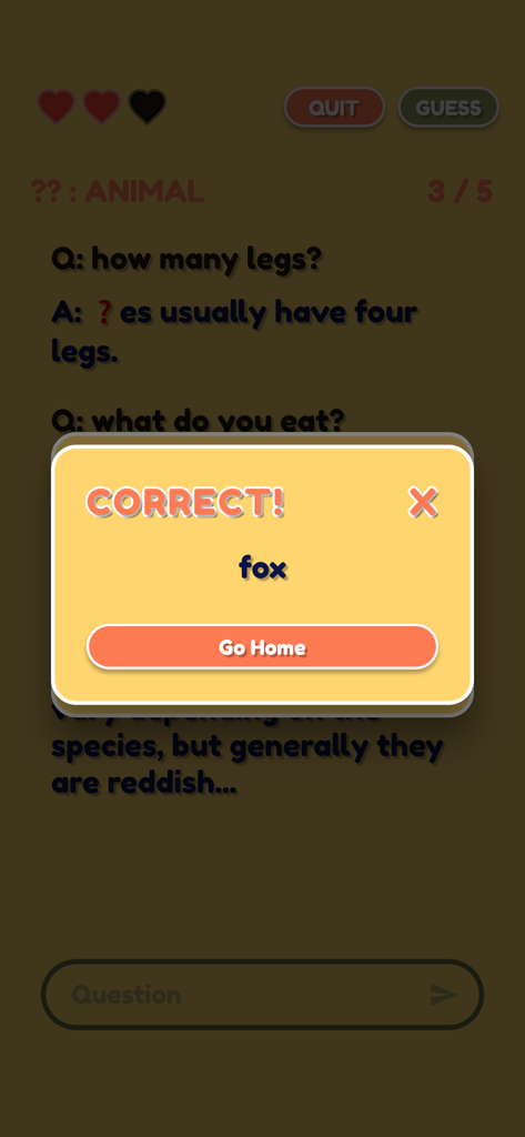 Guess Me!!! - A screenshot of the Guess Me app showing a pop-up window confirming a correct guess for the word fox with a chat history in the background