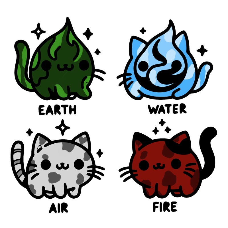 4 cats that represent the different elements, earth, water, air, and fire