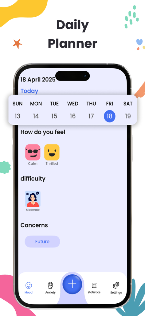 Mood Tracker & Daily Planner. - Screenshot dell'iPhone che mostra la schermata Daily Planner di un'app di mood tracker con log dell'umore e un calendario settimanale.
