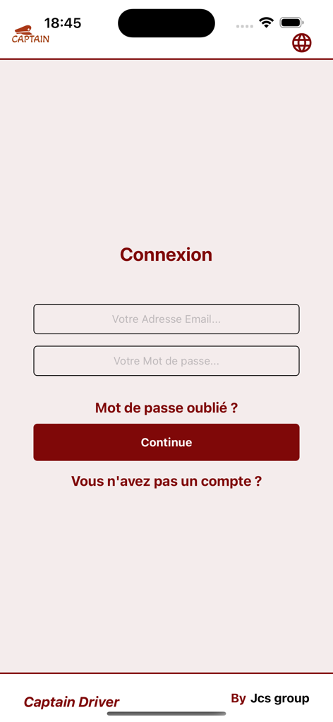 Captain Driver - Login screen for the Captain Driver mobile app featuring email and password input fields
