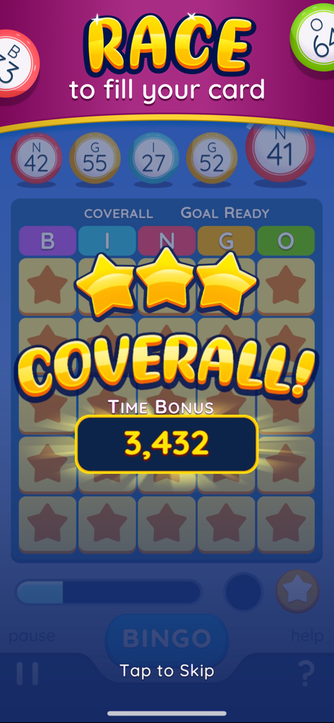 Cash Out Bingo: Skill Practice - Captura de pantalla del juego de Cash Out Bingo mostrando un logro de "Coverall" y una puntuación alta de tiempo