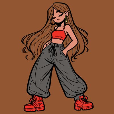 girl in baggy pants crop top and long hair