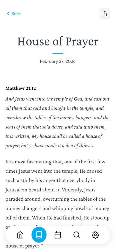Our Daily Strength - Daily devotional page titled House of Prayer from the Our Daily Strength app featuring Matthew 21 12 scripture