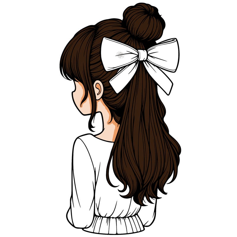 realistic girl  with hip length hair a bun and a big bow on the back of head