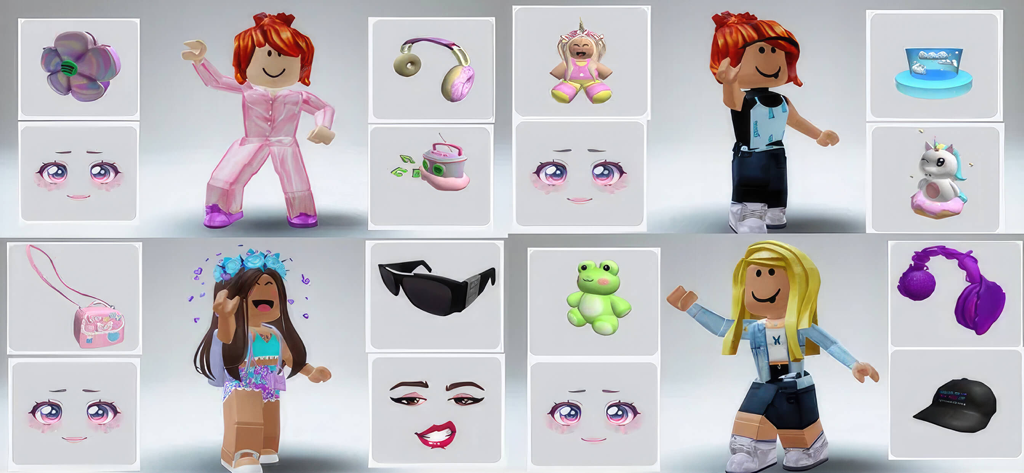 Une collection de skins et d'accessoires de personnages Roblox personnalisés comprenant des tenues et des visages