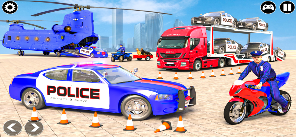 Dream Police Truck Transporter - A variety of police vehicles including a transport truck helicopter and car in a simulation game