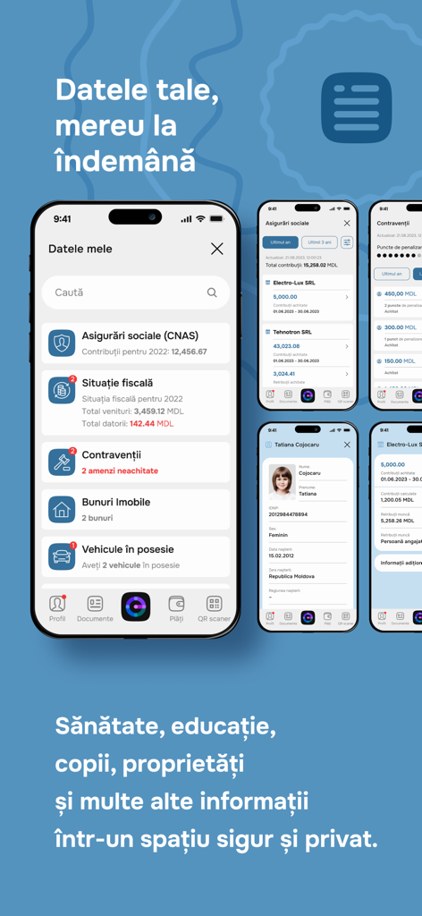 EVOアプリのインターフェース。モルドバの行政サービスと個人データ管理が表示されています