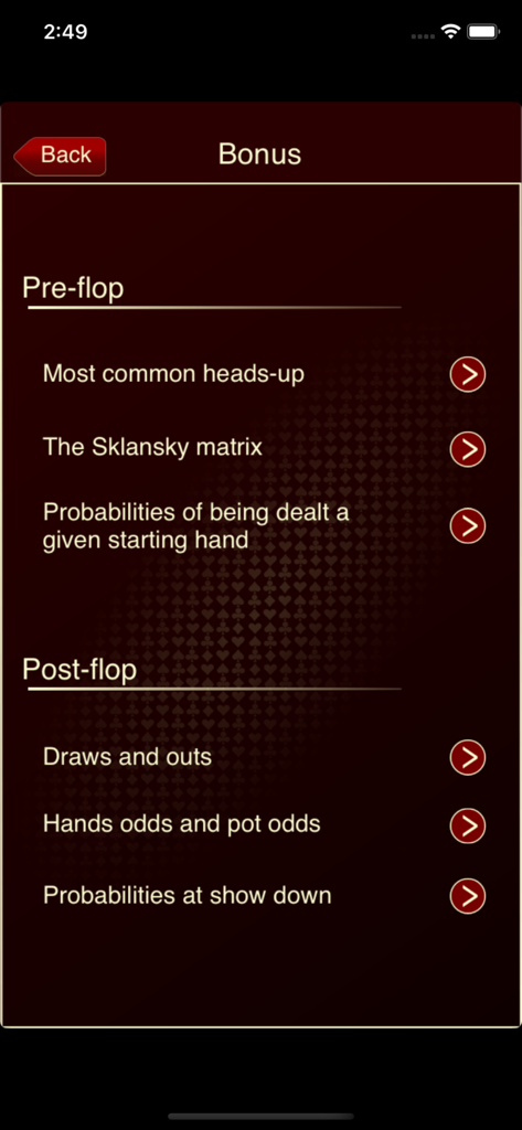 The Poker Calculator - The Poker Calculator app bonus menu showing pre-flop and post-flop analytical tools like the Sklansky matrix and pot odds.