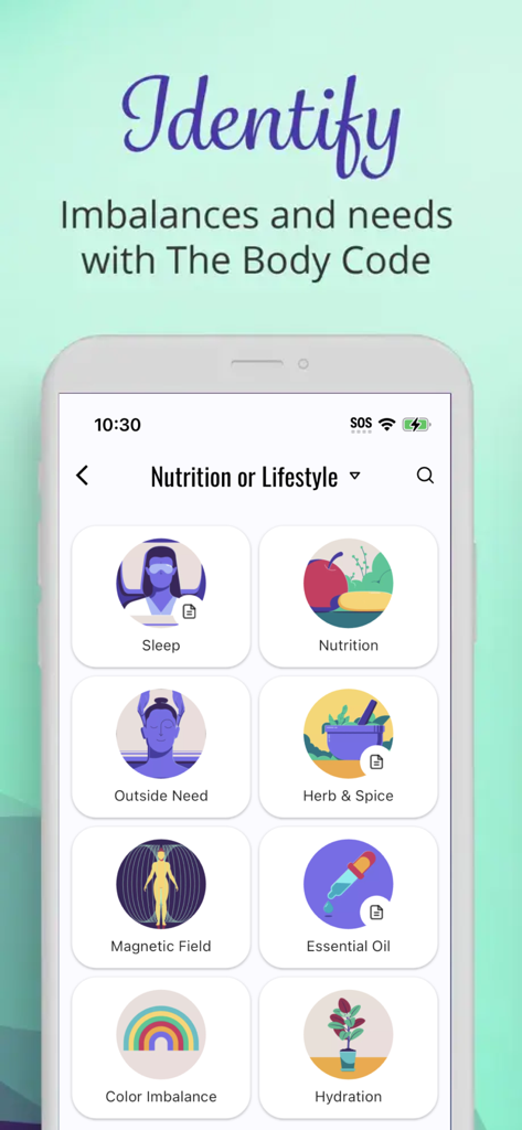 The Body Code System - Pantalla de la aplicación móvil The Body Code que muestra categorías de sanación de nutrición y estilo de vida, incluyendo sueño y aceites esenciales.
