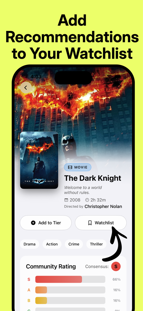 MoviePal - Find Movies & Shows - Interfaz de la aplicación MoviePal mostrando la función de lista de seguimiento para la película The Dark Knight con calificaciones de nivel de la comunidad.
