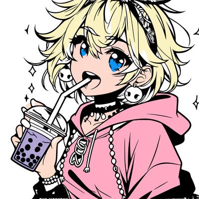 hot baddie anime girl drinking boba and biting the straw
