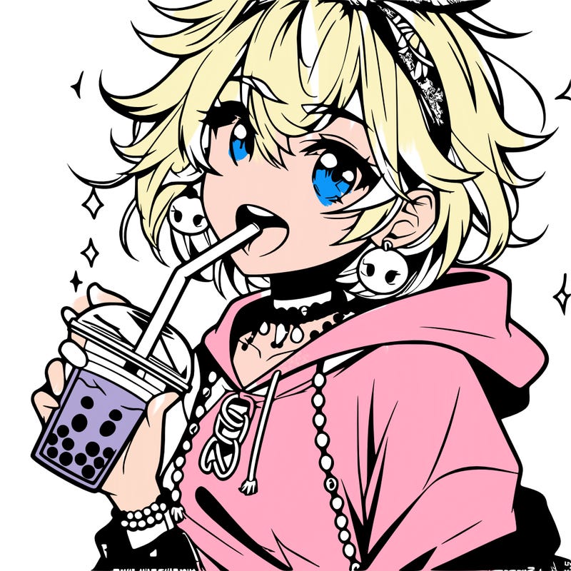 hot baddie anime girl drinking boba and biting the straw