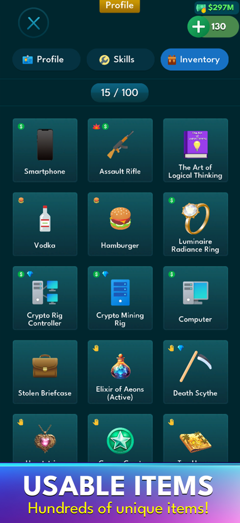 AltLife inventory screen showing various usable items like crypto mining rigs and computers