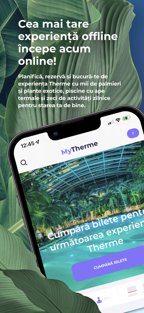 A smartphone displaying the MyTherme app home screen with a view of an indoor thermal pool surrounded by tropical plants