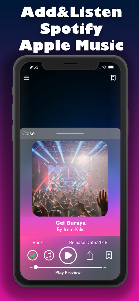 「曲を特定」アプリのユーザーインターフェース。SpotifyとApple Musicで聴くオプションが表示されています