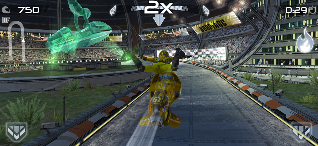 Riptide GP2 - A hydro jet racer performing a mid-air stunt in a futuristic stadium in Riptide GP2.