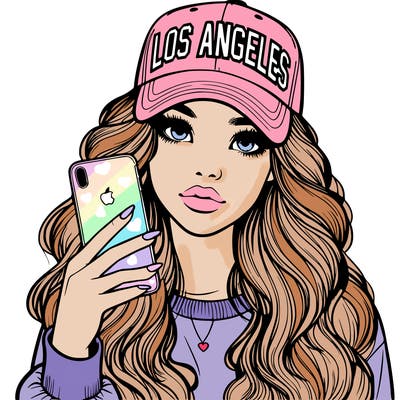 realistic beautiful girl wearing los ángeles cap holding an iphone