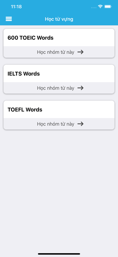 English Dictionary ProDict - ProDict mobile app interface showing English vocabulary study groups for TOEIC IELTS and TOEFL exams