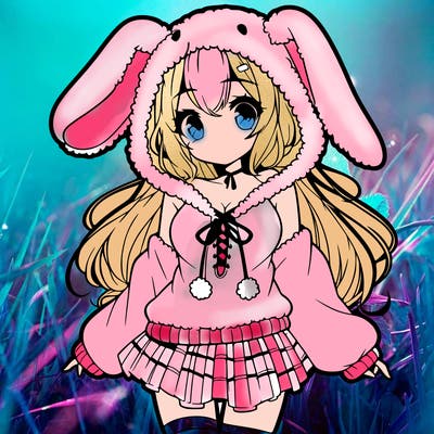 pretty anime girl wearing a fluffy hoodie with bunny ears on the hood and a skirt