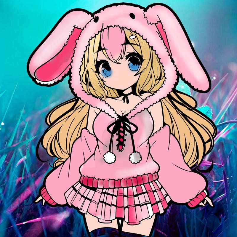 pretty anime girl wearing a fluffy hoodie with bunny ears on the hood and a skirt