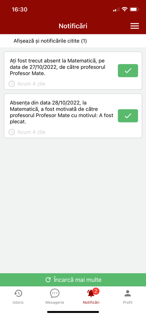 Catalog Viva - Catalog Viva app notifications screen showing school attendance and absence records