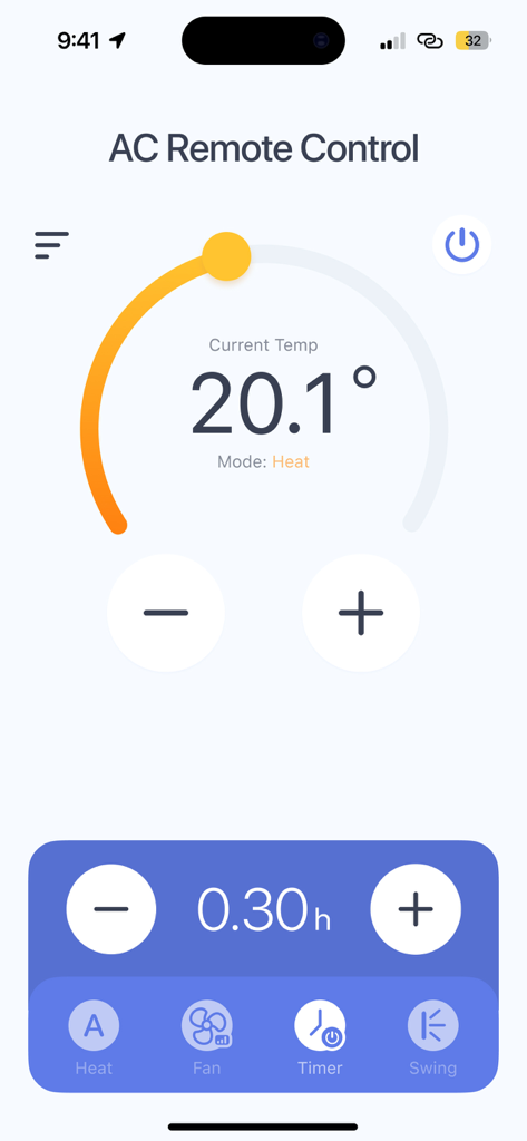 Universal AC Remote Control app interface showing temperature settings and timer