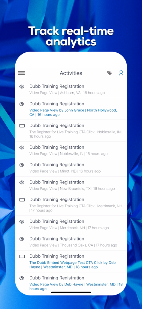 Dubb: AI, teleprompter, video - Dubb app activities screen showing real-time video analytics and viewer engagement tracking