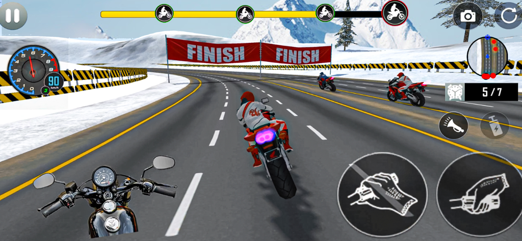 Motorcycle Games - Bike games - Realistic motorcycle racing gameplay on a snowy highway approaching a finish line banner