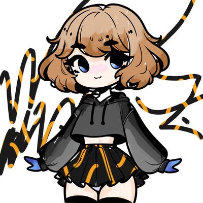 cute femboy with short, fluffy hair that softly frames their face, wearing a cropped hoodie, paired with a flouncy short skirt, and thigh-high stockings