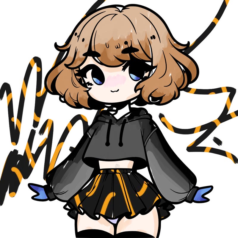 cute femboy with short, fluffy hair that softly frames their face, wearing a cropped hoodie, paired with a flouncy short skirt, and thigh-high stockings