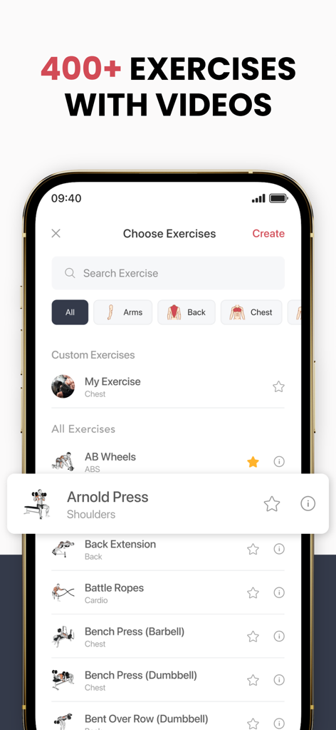 GymNotes: Gym Exercise Notes - Una pantalla móvil que muestra una lista de más de 400 ejercicios con instrucciones en video y filtros de grupos musculares.