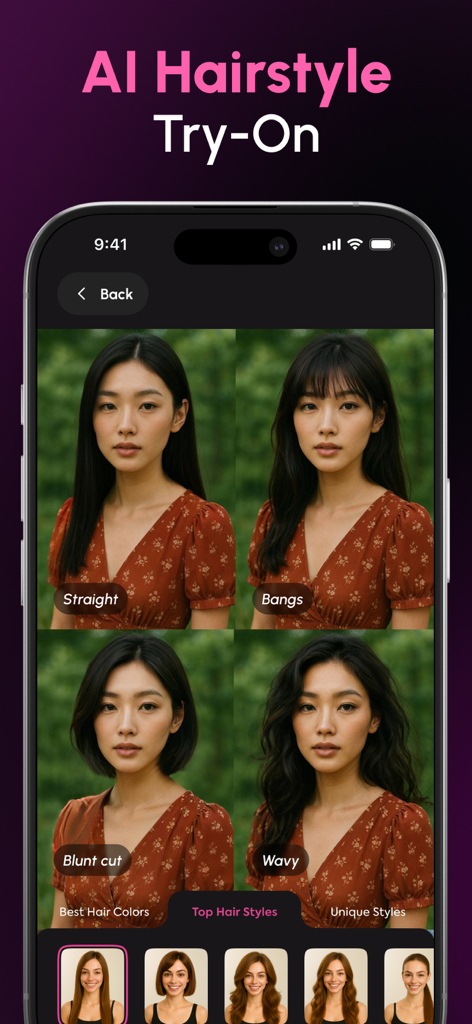 AI Hairstyle・Hair Color Filter - A mobile app interface displaying four different AI-generated hairstyles including straight hair bangs blunt cut and wavy styles on a woman portrait