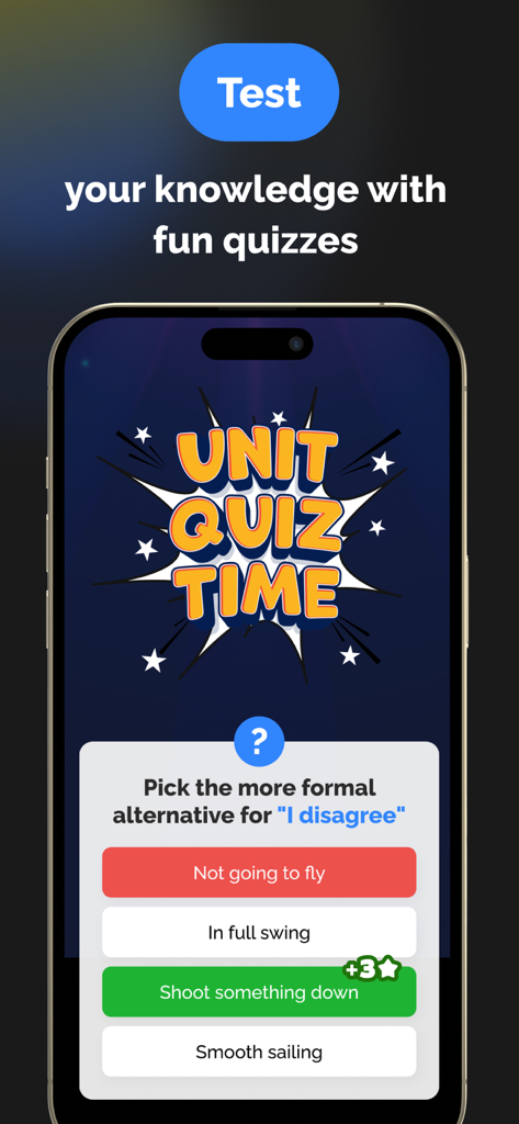 FluentJoy: Speak English - Interface de quiz de aplicativo móvel mostrando uma pergunta sobre expressões formais de inglês de negócios.