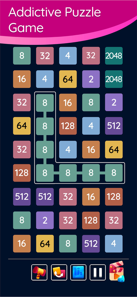 A grid of colored number tiles in the 2248 puzzle game with a sequence of number eight tiles connected in an L-shape.
