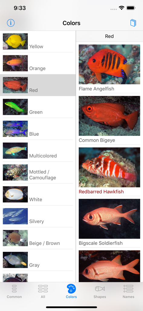 Scuba Fish Hawaii app screen for identifying Hawaiian fish species by color