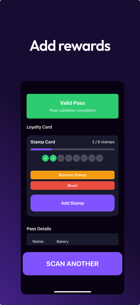 Passtastic Scanner - Interfaccia di gestione della convalida della tessera fedeltà digitale e delle ricompense