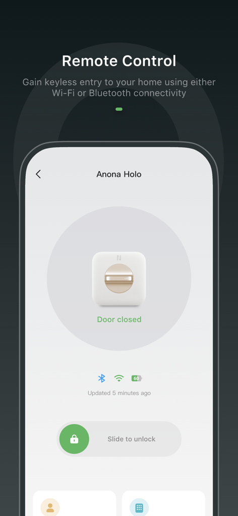 Anona Security - Anona Security app interface showing remote smart lock control with keyless entry feature.