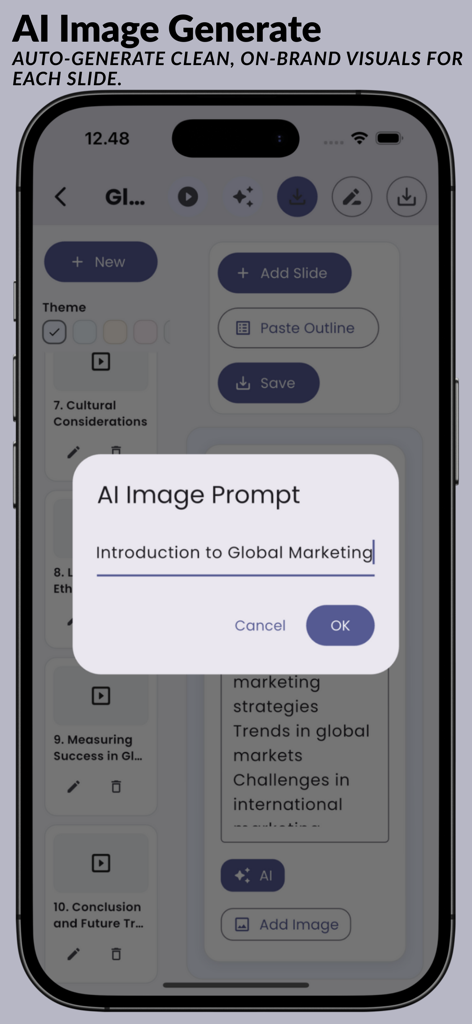 AI Slides : Presentation AI - AI Slides app interface with an AI image prompt popup for a global marketing presentation