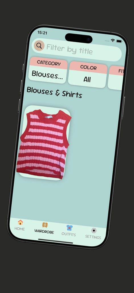 Clothify Wardrobe - Clothify Wardrobe app interface showing digital closet management with a filtered view for blouses and shirts featuring a striped pink vest