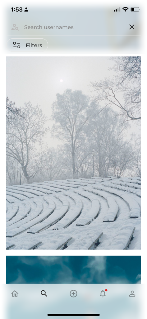 Foto Inc - Search screen of the Foto Inc app showing a minimalist photo feed with a snowy landscape photograph and navigation bar