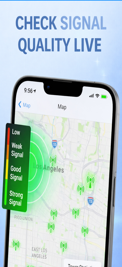Cell Tower – Signal Finder 5G - Mobile app map displaying live cell tower locations and signal strength levels