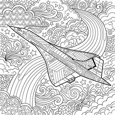 Unleash your creativity with this magnificent coloring page featuring a sleek supersonic aircraft. It's an uplifting tribute to Pride, soaring through a sky adorned with symbols of love, equality, and unity.