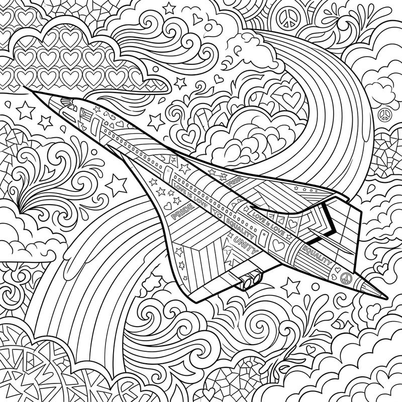 Unleash your creativity with this magnificent coloring page featuring a sleek supersonic aircraft. It's an uplifting tribute to Pride, soaring through a sky adorned with symbols of love, equality, and unity.