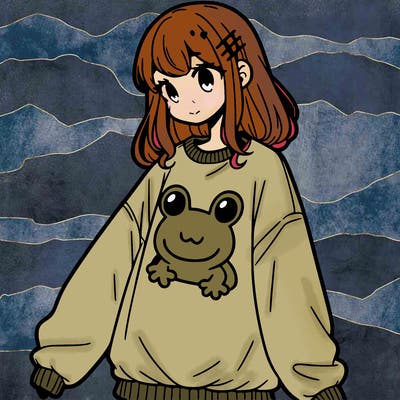 girl wearing frogging sweatshirt