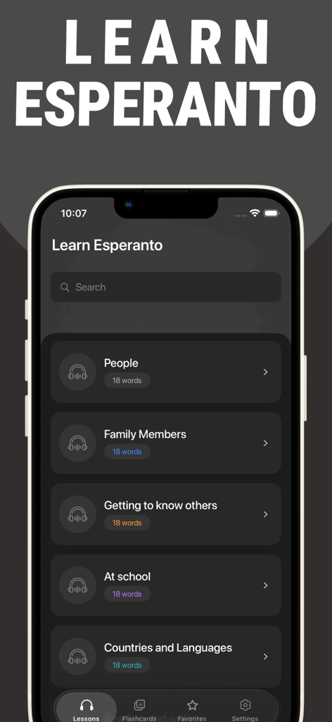 Menú principal de la aplicación Aprende Esperanto Lentil mostrando lecciones de idiomas categorizadas en un iPhone.