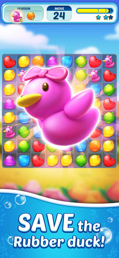Water Splash – Cool Match 3 - A match 3 puzzle level from Water Splash featuring colorful water balloons and a large pink rubber duck mascot.