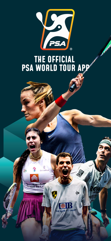 Official PSA Squash Tour app splash screen featuring professional squash players