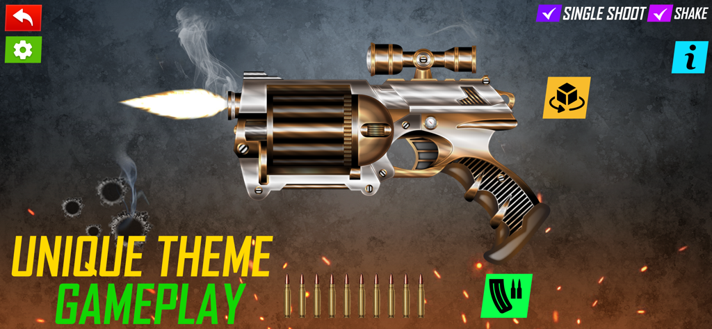 Gun Sounds: Real Gun Simulator - Un arma futurista steampunk disparando con un destello de boca y efecto de humo en la interfaz de juego de la app Sonidos de Armas.