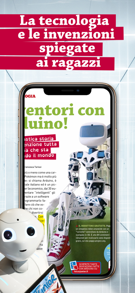 Una pantalla de teléfono inteligente que muestra la aplicación Focus Junior con un artículo sobre un robot construido con Arduino, junto a un pequeño robot humanoide blanco.