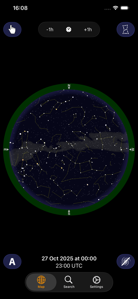 Planisphere - Circular star map interface in the Planisphere app showing constellations and astronomical data
